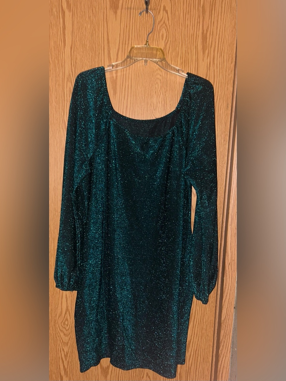 Green Sparkle Long-Sleeve Scoop Neck Dress